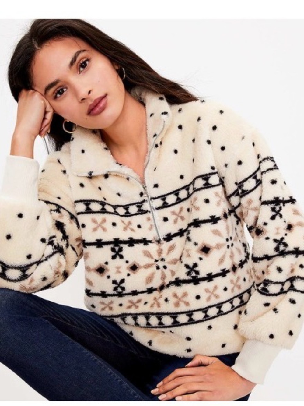LOFT Cream Sherpa Half-Zip Jacket with Black & Brown Fair Isle